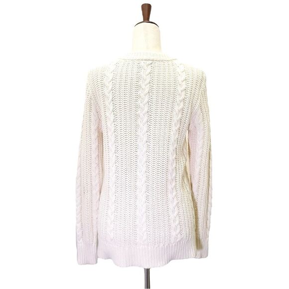 LL Bean Ivory Cable Knit Sweater Button Shoulder Fisherman Pullover Size Medium - Picture 3 of 15